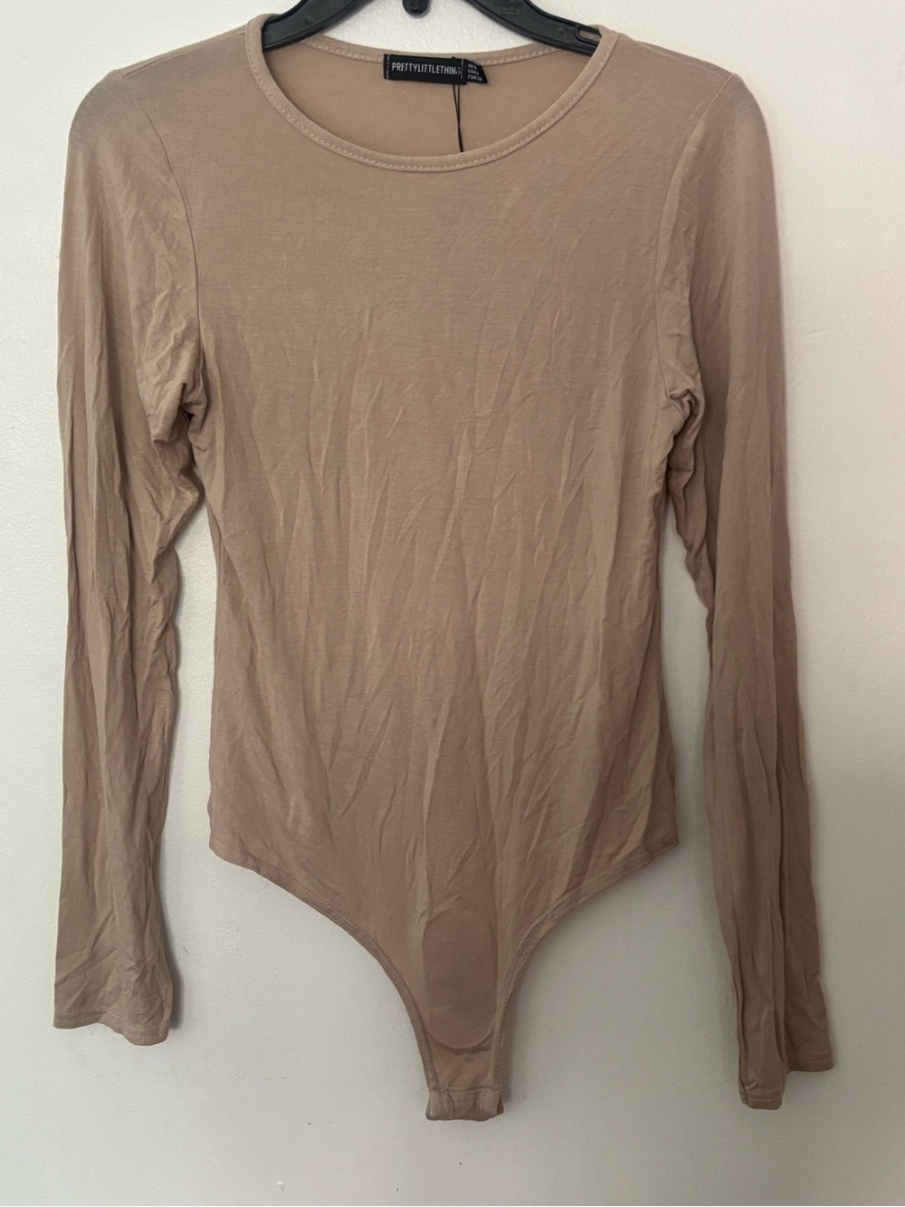 PrettyLittleThing Stone Long Sleeve Crew Neck Bodysuit Size 6
